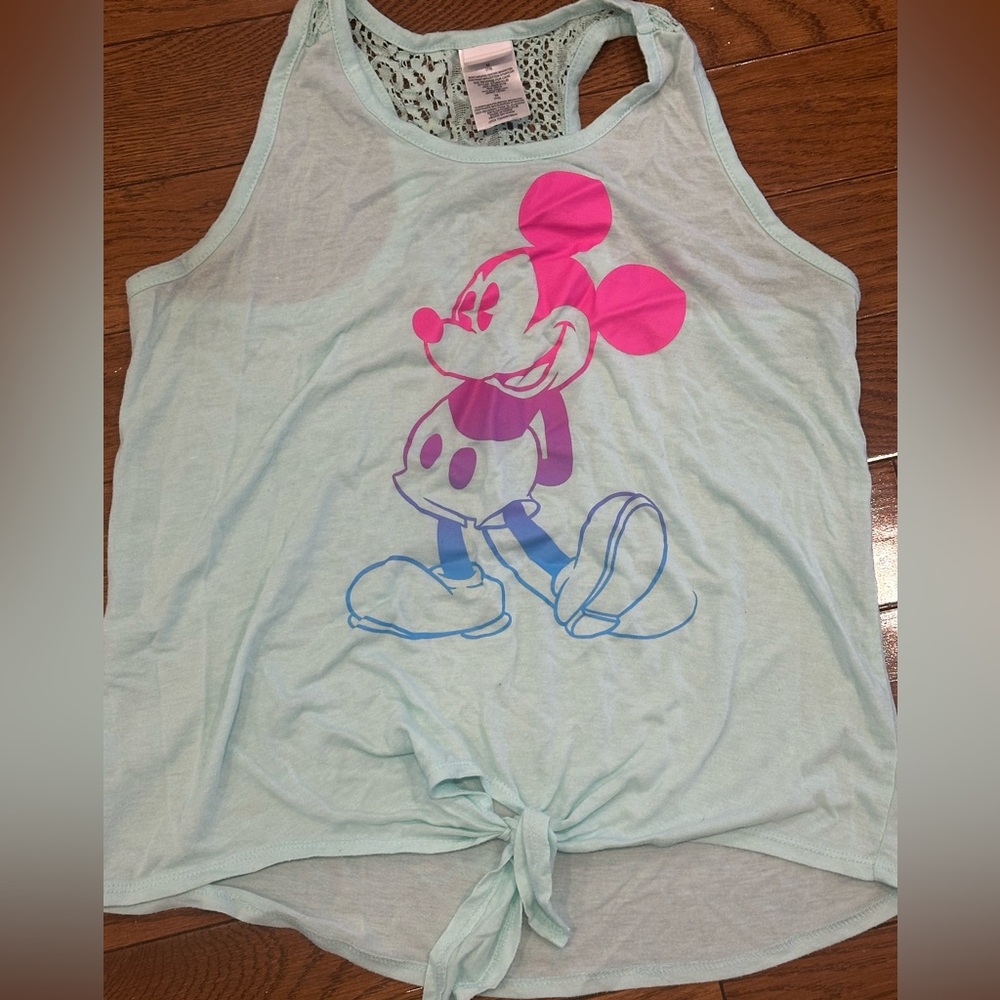 Ladies Sleeveless Top with Neon Mickey Print - Light Green size L (Juniors 7/9)